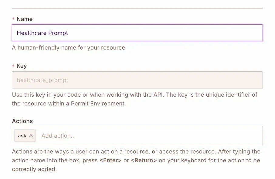 Create Resource form for healthcare_prompt with the ask action