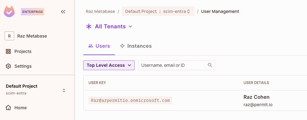 Permit users list showing the user key and details of the user provisioned from Entra ID