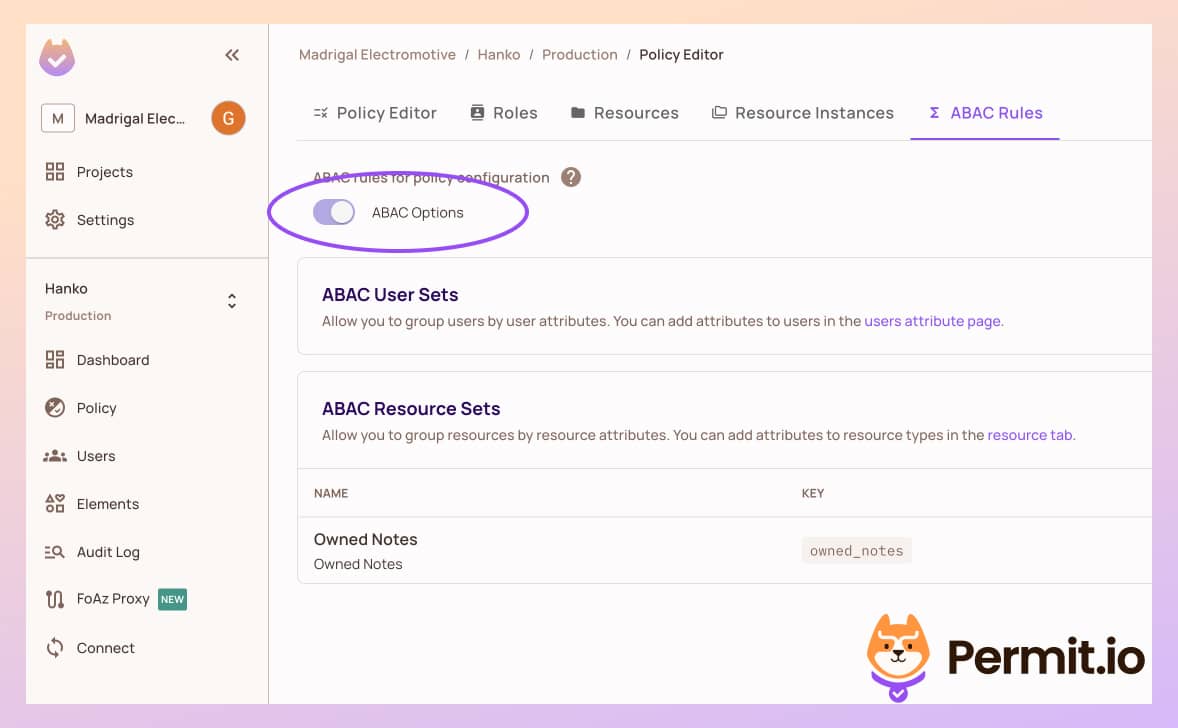Permit ABAC Rules tab with the ABAC option enabled
