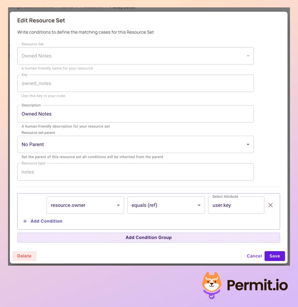 Permit Edit Resource Set dialog for Owned Notes with the condition resource.owner equals user.key
