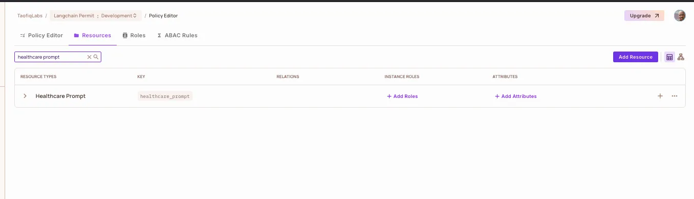 Resources list showing the healthcare_prompt resource