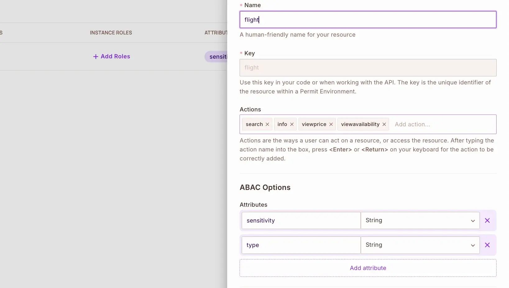 Create Resource form for the flight resource with the search, info, viewprice, and viewavailability actions and the sensitivity and type String attributes