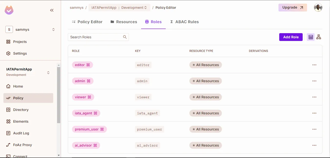 Roles tab listing the editor, admin, viewer, iata_agent, premium_user, and ai_advisor roles