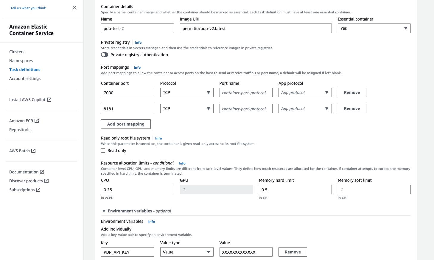 ECS container details form with image permitio/pdp-v2, port mappings 7000 and 8181, and the PDP_API_KEY environment variable