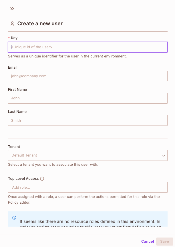 Create a new user form with Key, Email, First Name, Last Name, Tenant, and Top Level Access fields