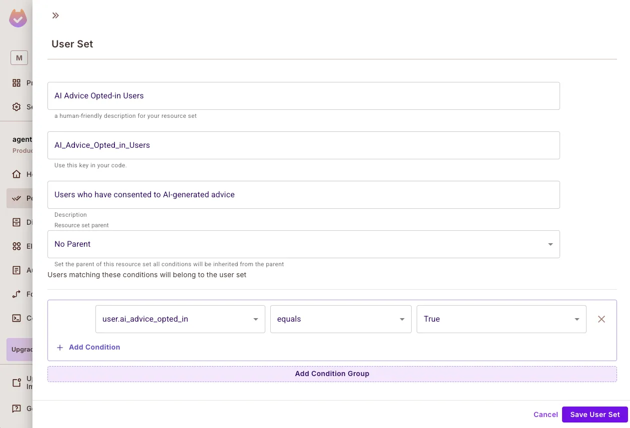 User set form for opted-in users