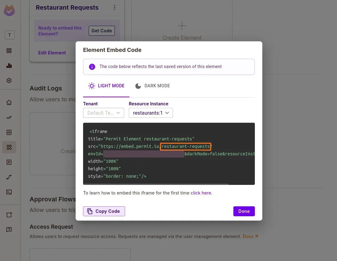 Element Embed Code dialog for the Restaurant Requests element, with the restaurant-requests config ID highlighted in the iframe source URL