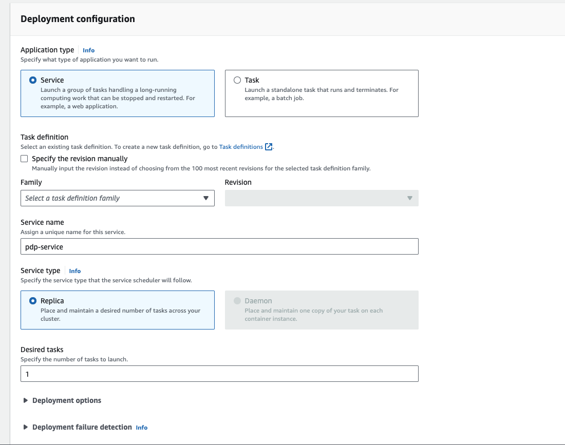 ECS create service form with Service selected as the application type, a task definition family, the service name pdp-service, and one desired task