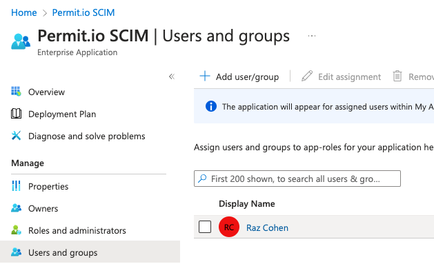 Users and groups tab of the enterprise application with the Add user/group button