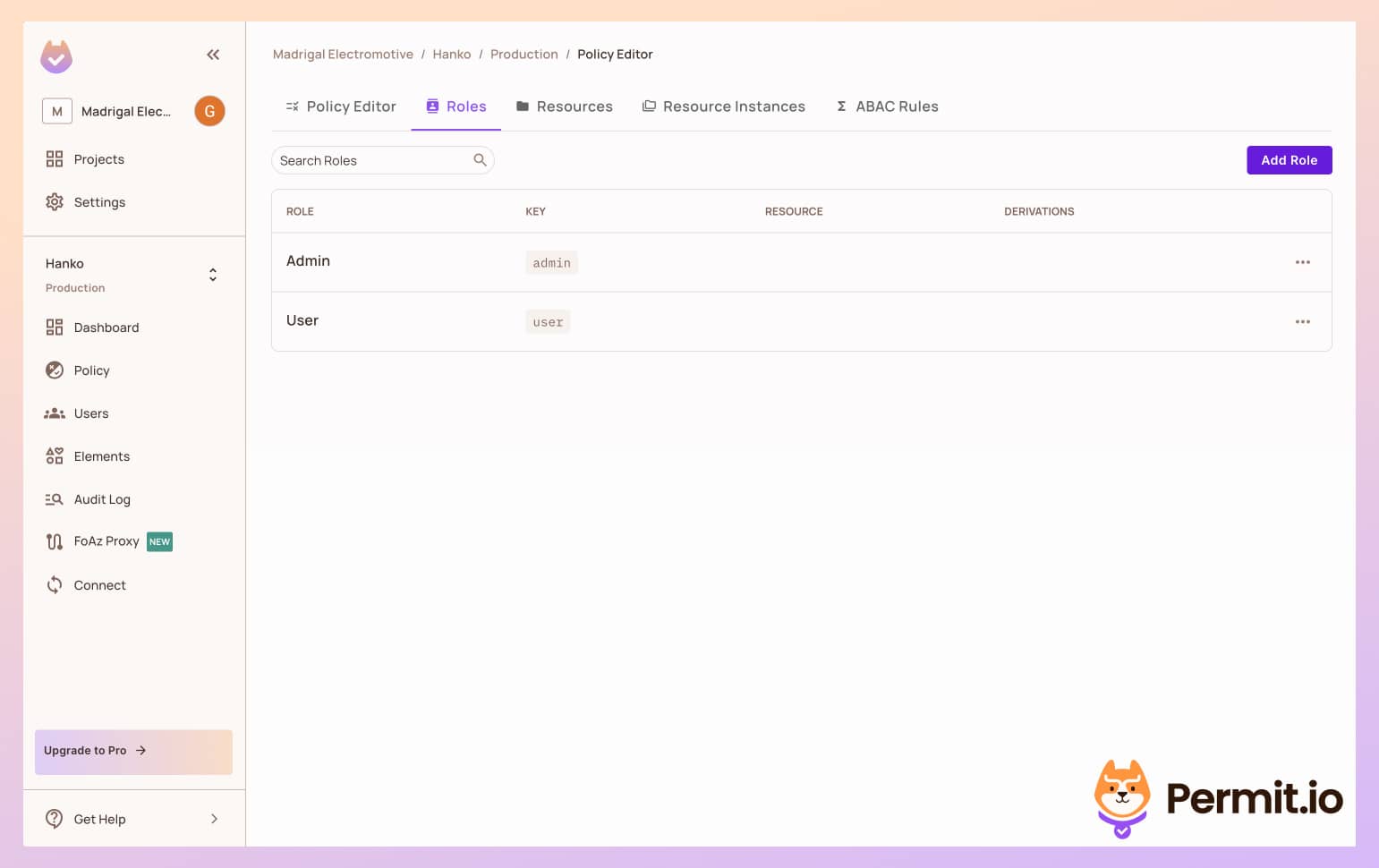 Permit Roles tab with the admin and user roles