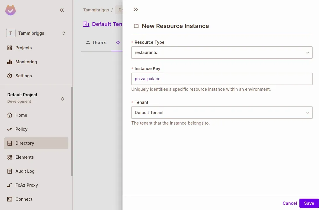 New Resource Instance panel with the restaurants resource type, the pizza-palace instance key, and Default Tenant selected