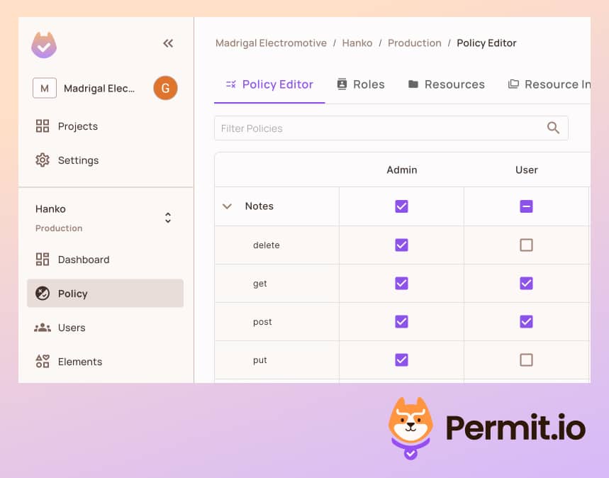 Permit Policy Editor where user can get and post notes and admin has all four actions
