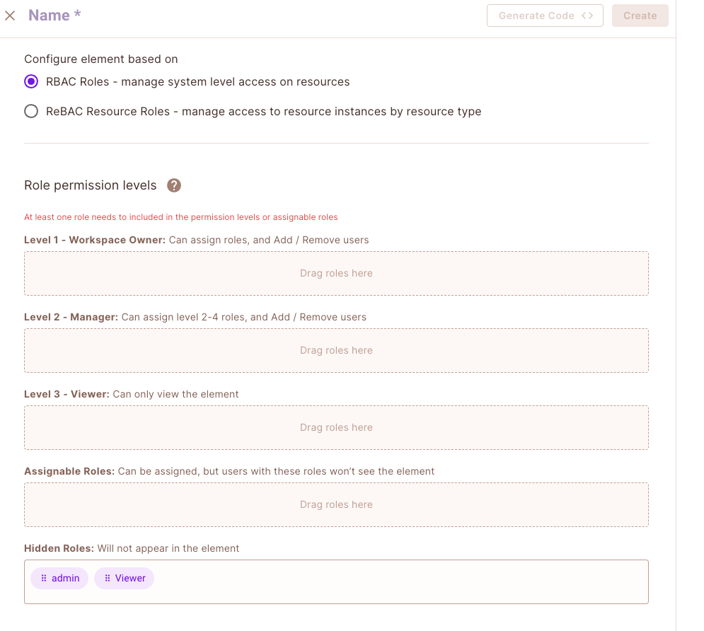 New User Management element form with the name, permission model, and role levels fields