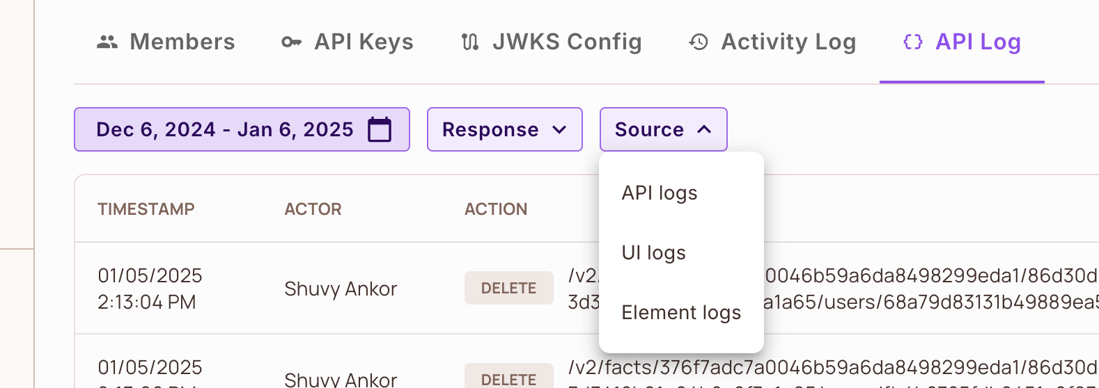 API log Source filter with the API logs, UI logs, and Element logs options
