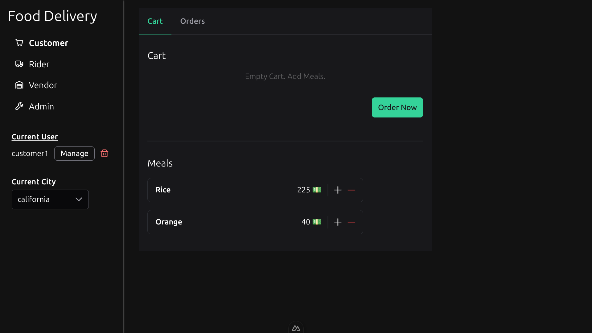 Food delivery app with a sidebar for choosing the current user and role, and pages for customer, vendor, rider, and admin actions