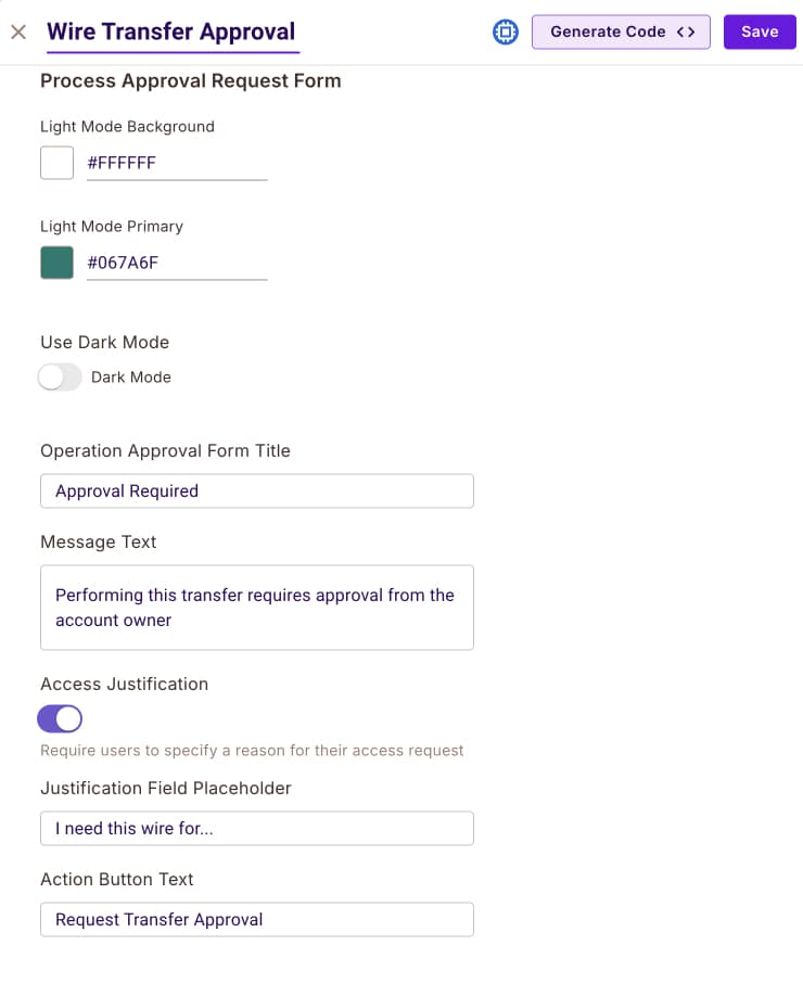 Operation Approval element configuration with the Wire_Transfer resource type and the webhook URL