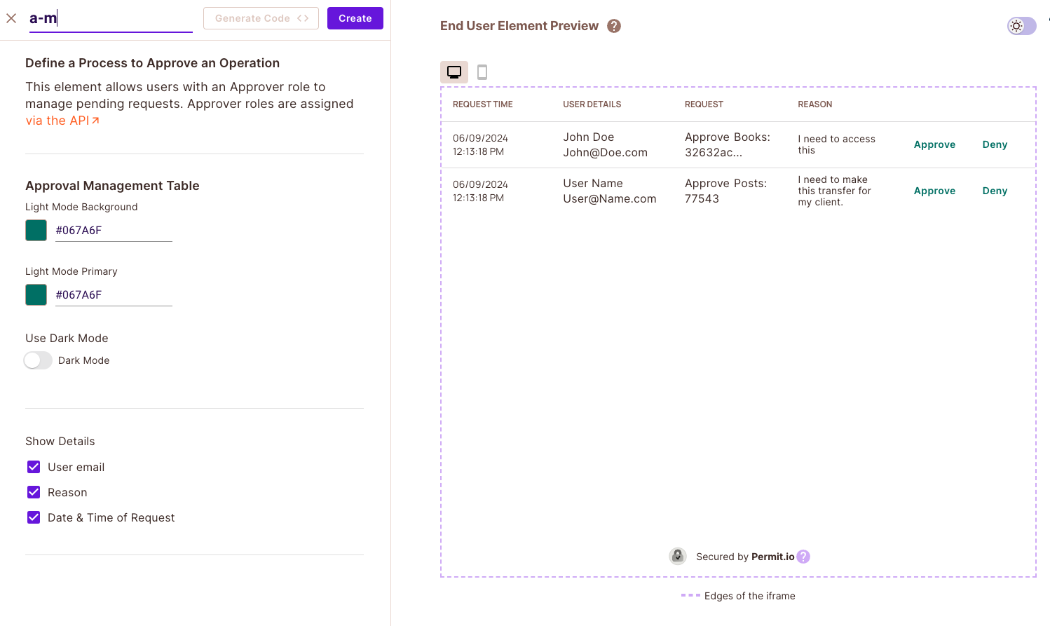 Approval Management element form before creation