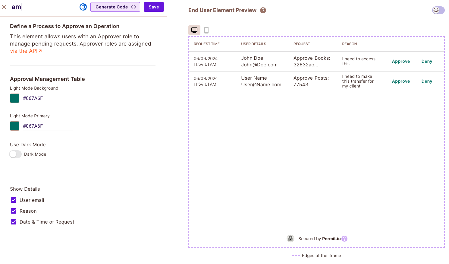 Approval Management element form with color and display settings