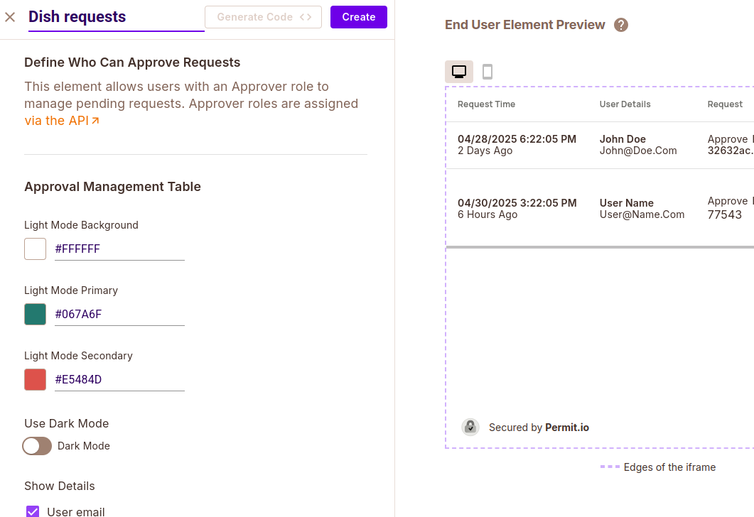 Approval Management element form named Dish requests