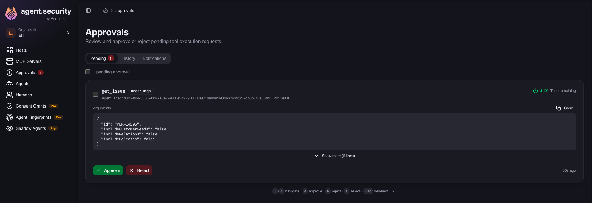 Approvals page with a pending request card