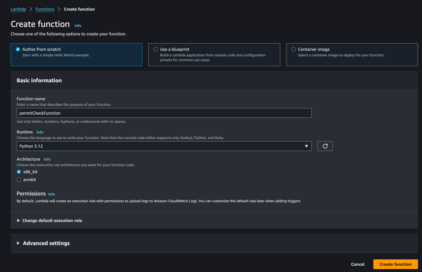 AWS Lambda console Create function page with the Python 3.12 runtime selected