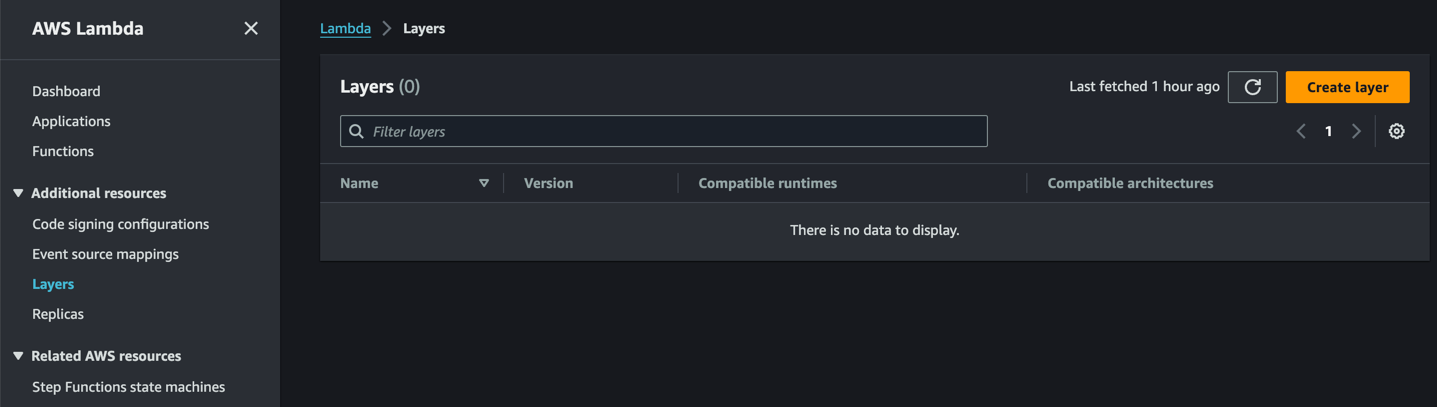 AWS Lambda console Layers page with the Create layer button