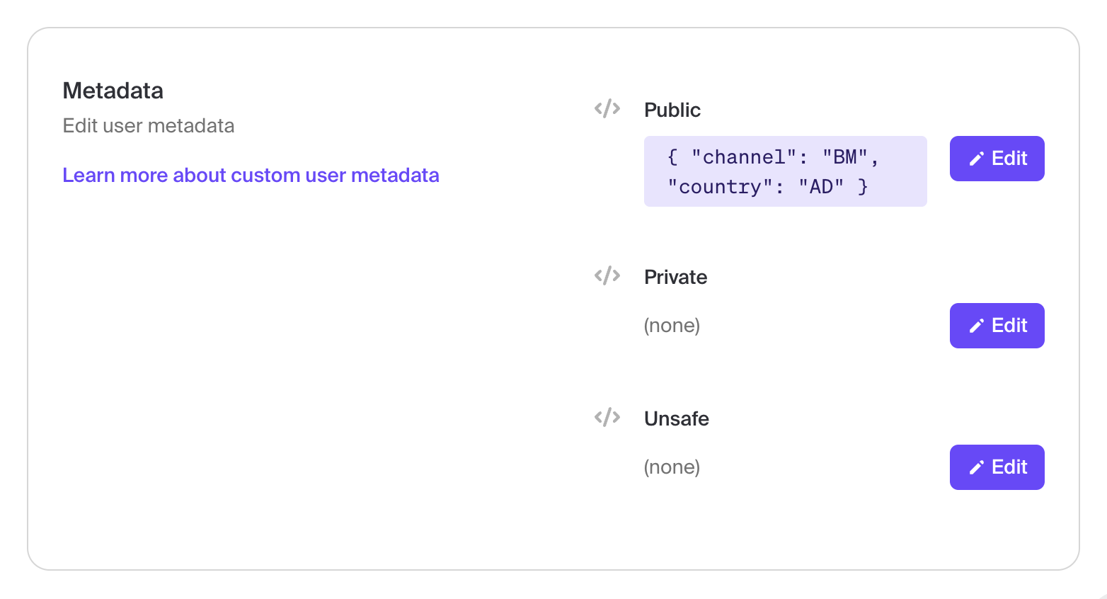 Clerk user metadata editor with country and channel values in the public metadata