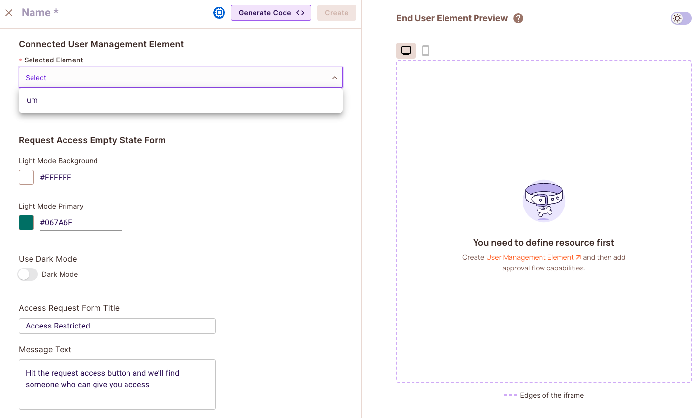 Access Request element form with the User Management element dropdown
