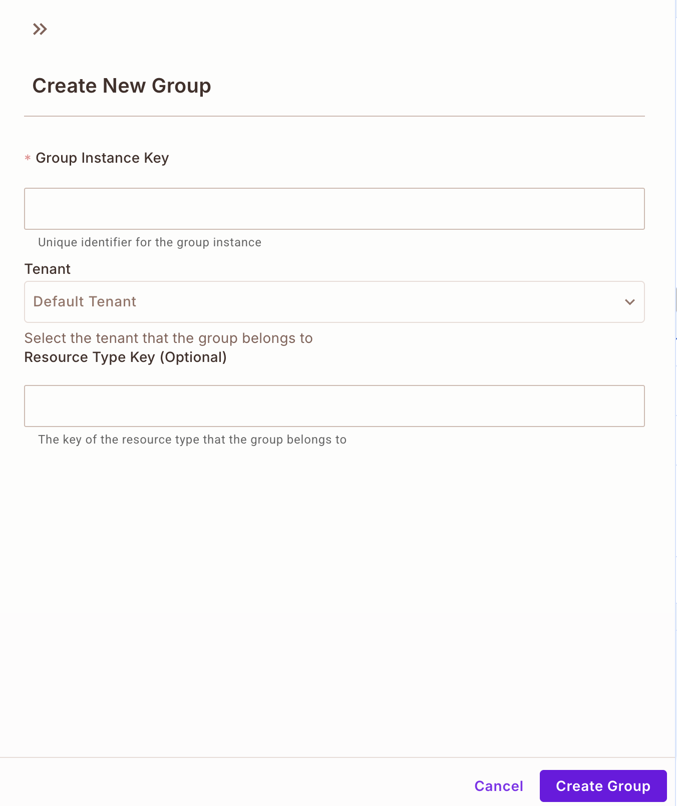 Create Group form with the Group Instance Key, Tenant, and Resource Type Key fields