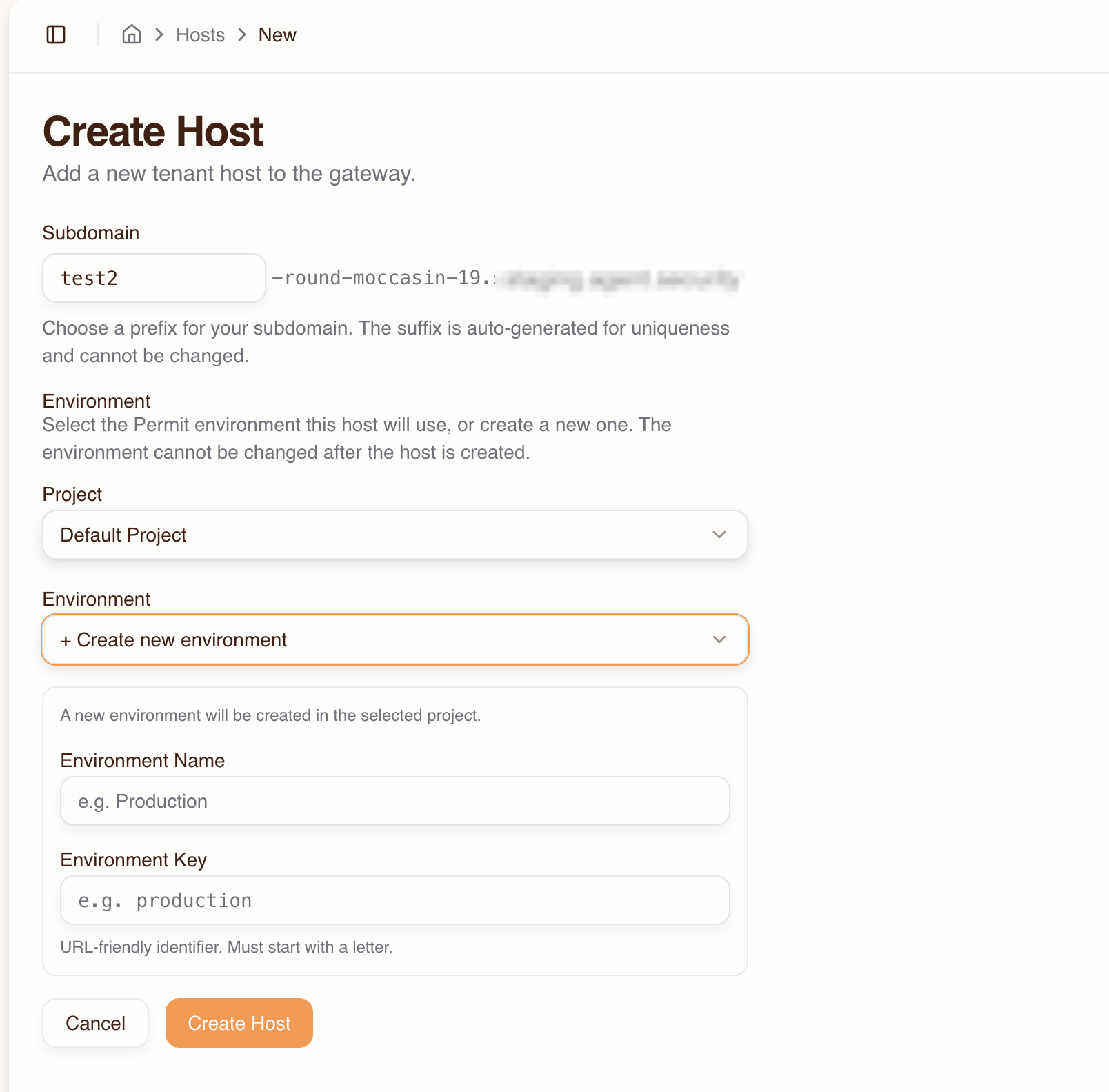 Create Host form with the Create new environment option selected