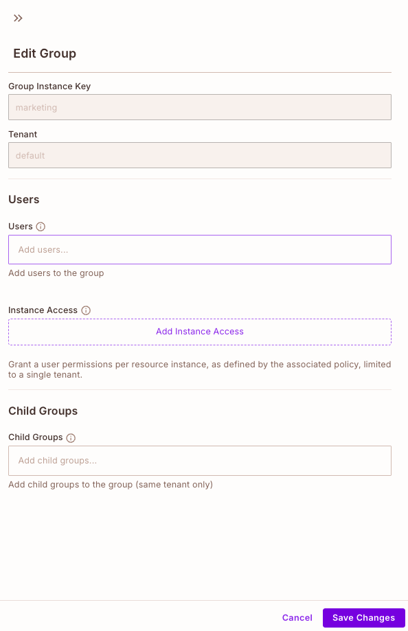 Edit Group screen with the group information, Users, Instance Access, and Child Groups sections