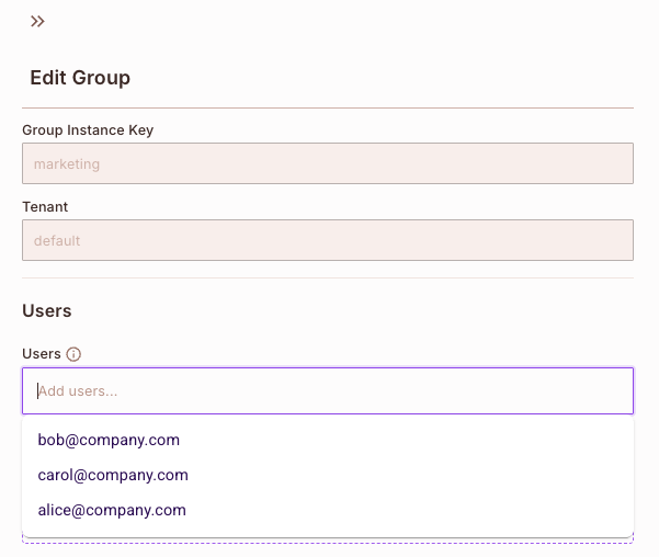 Users section of the Edit Group screen with user emails added to the group