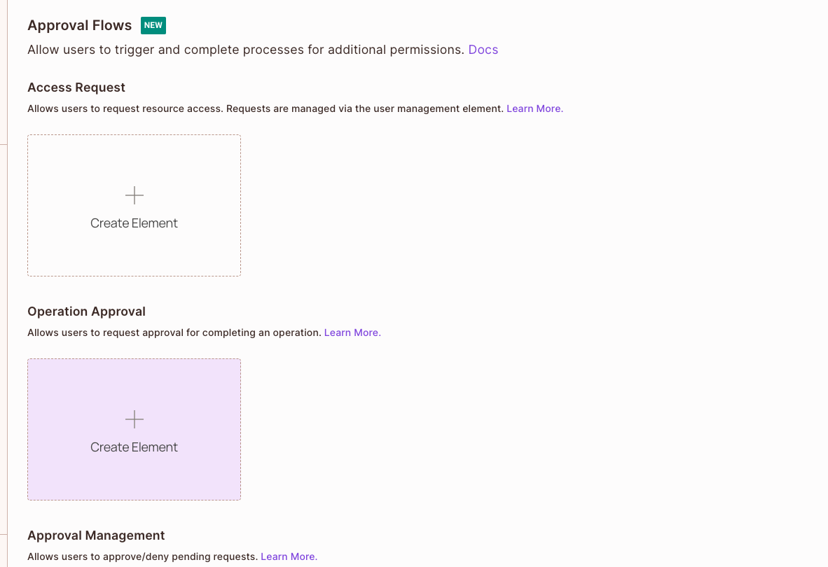 Elements screen with the Create Element button under Operation Approval