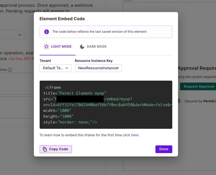 Operation Approval element page with the Generate Code button