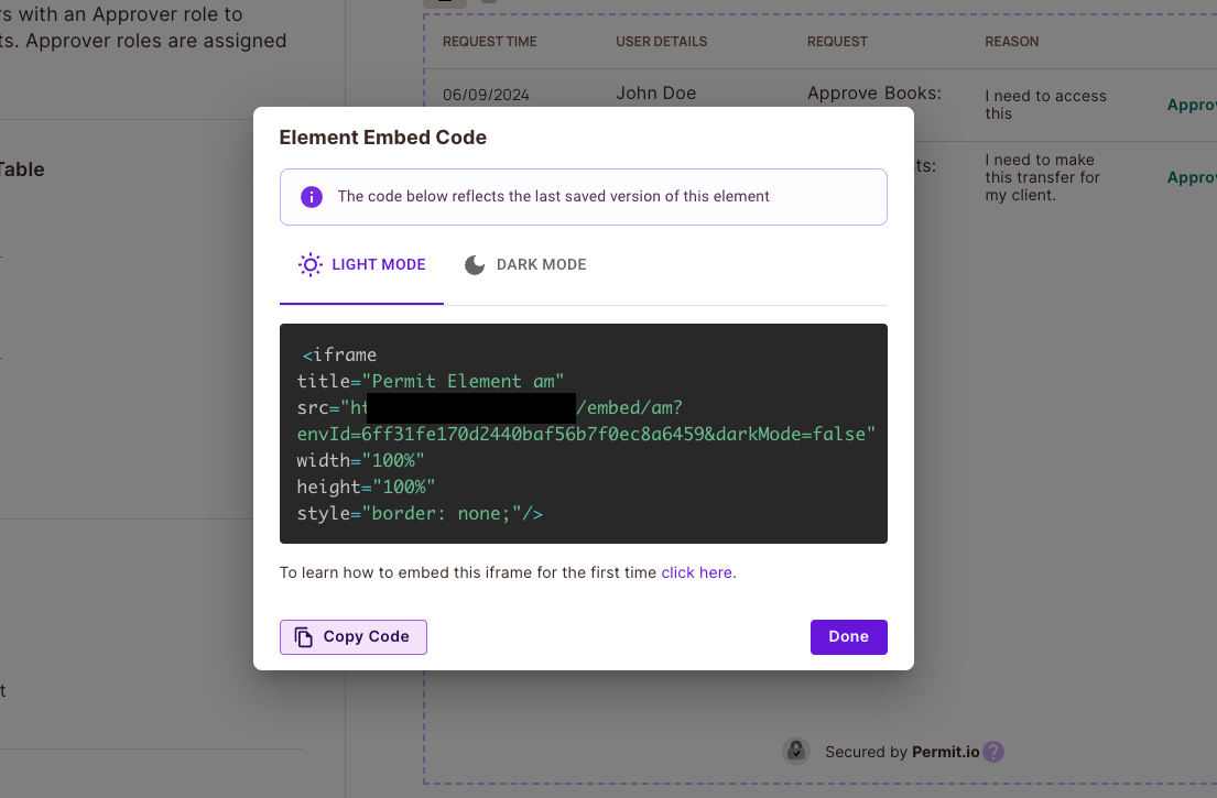 Approval Management element page with the Generate Code button