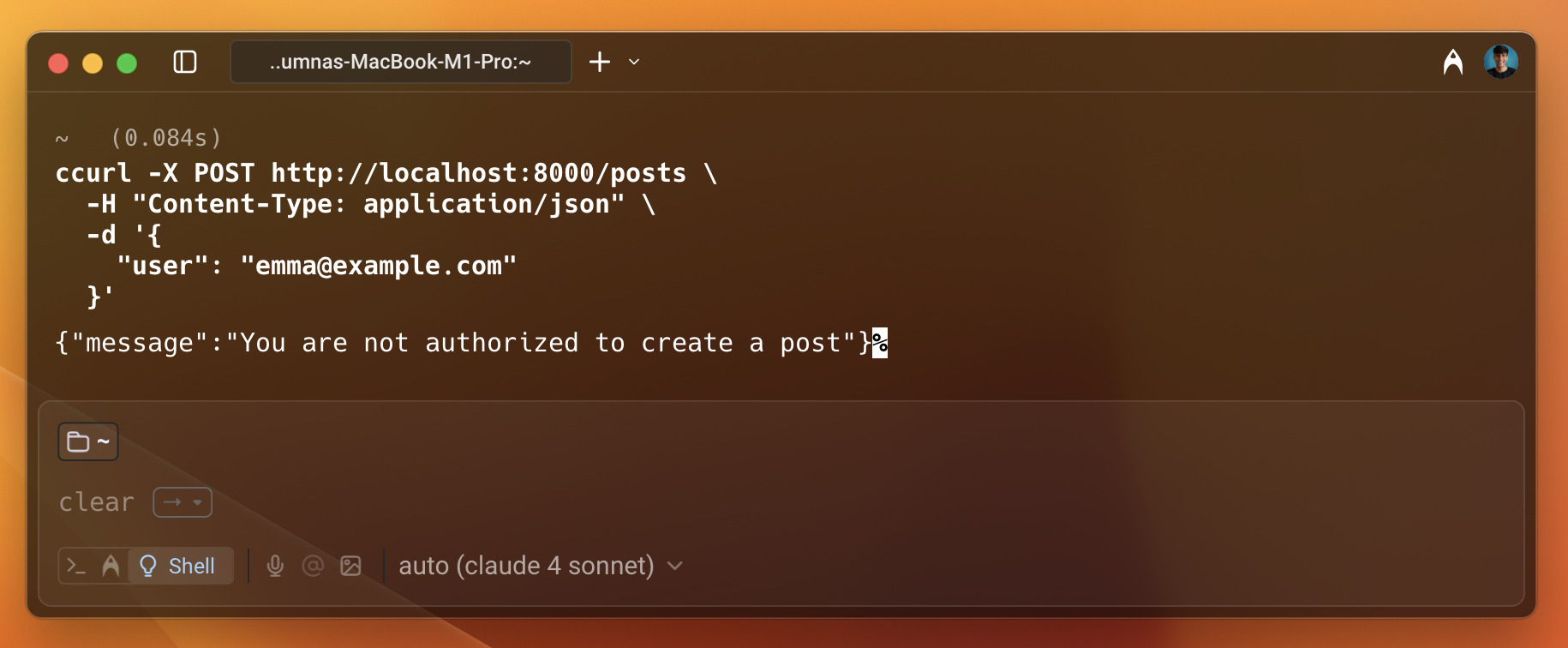 Terminal showing a curl request to /posts for emma@example.com returning You are not authorized to create a post