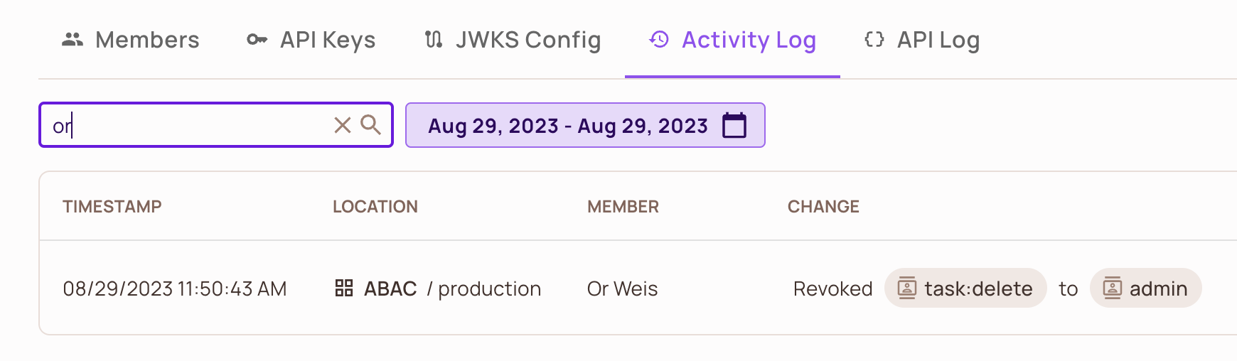 Activity log filtered by date range and by member
