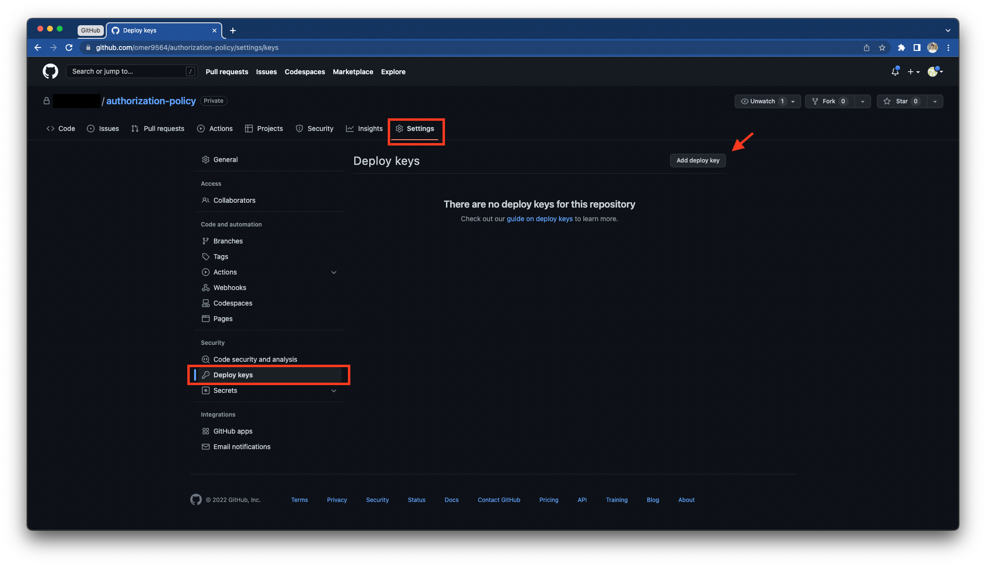 The Deploy keys page in GitHub repository settings, with the Add deploy key button