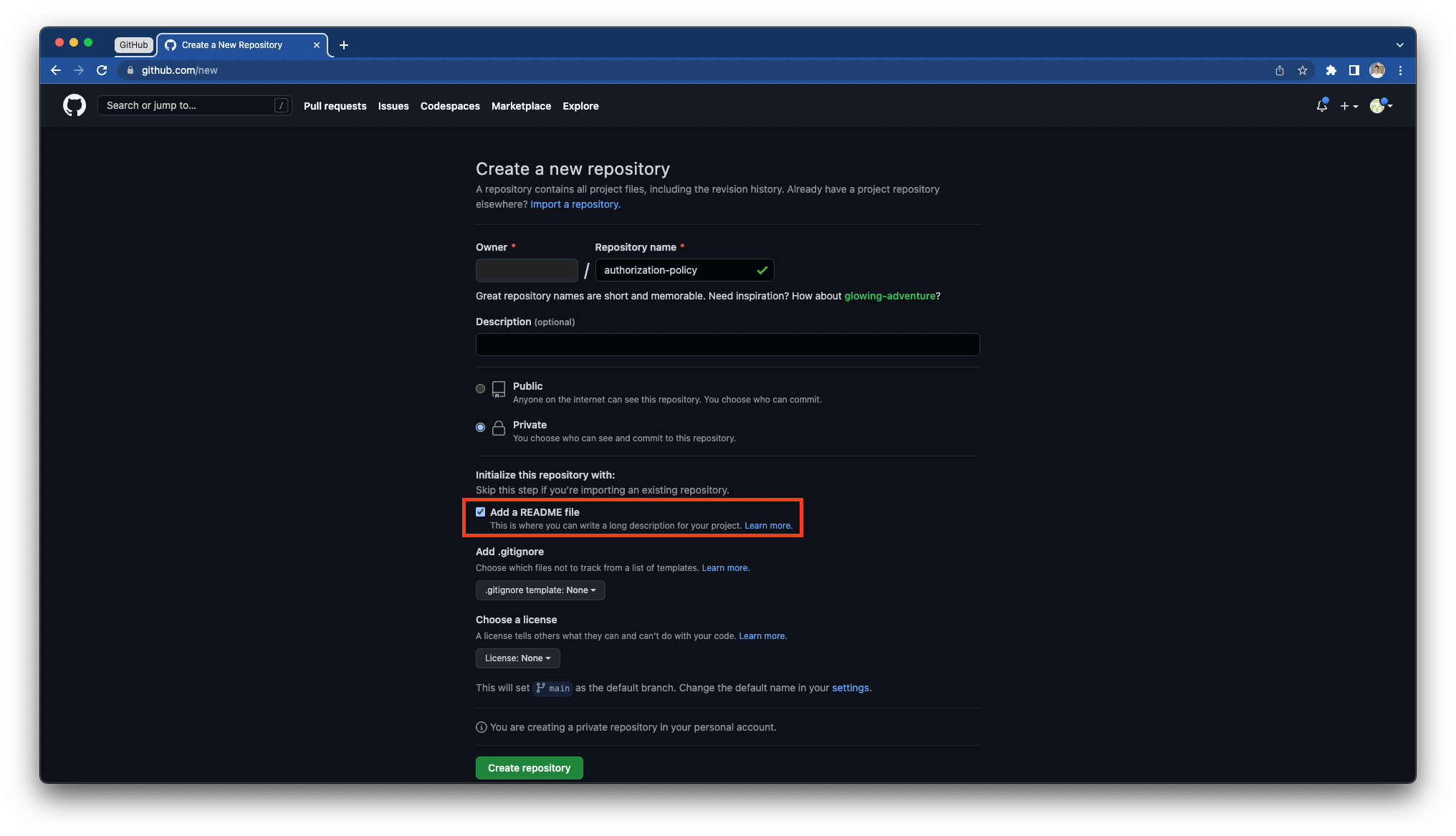 The GitHub Create a new repository form