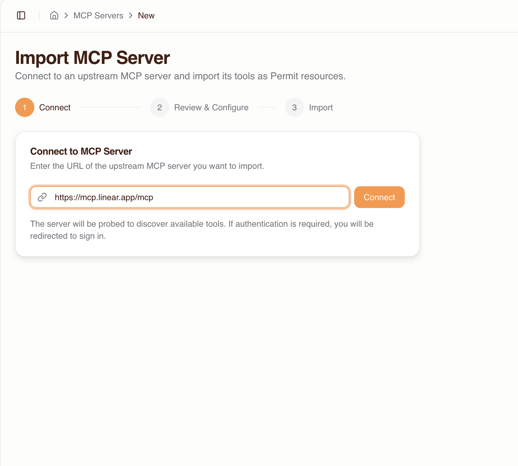 Import MCP Server dialog with the upstream URL field