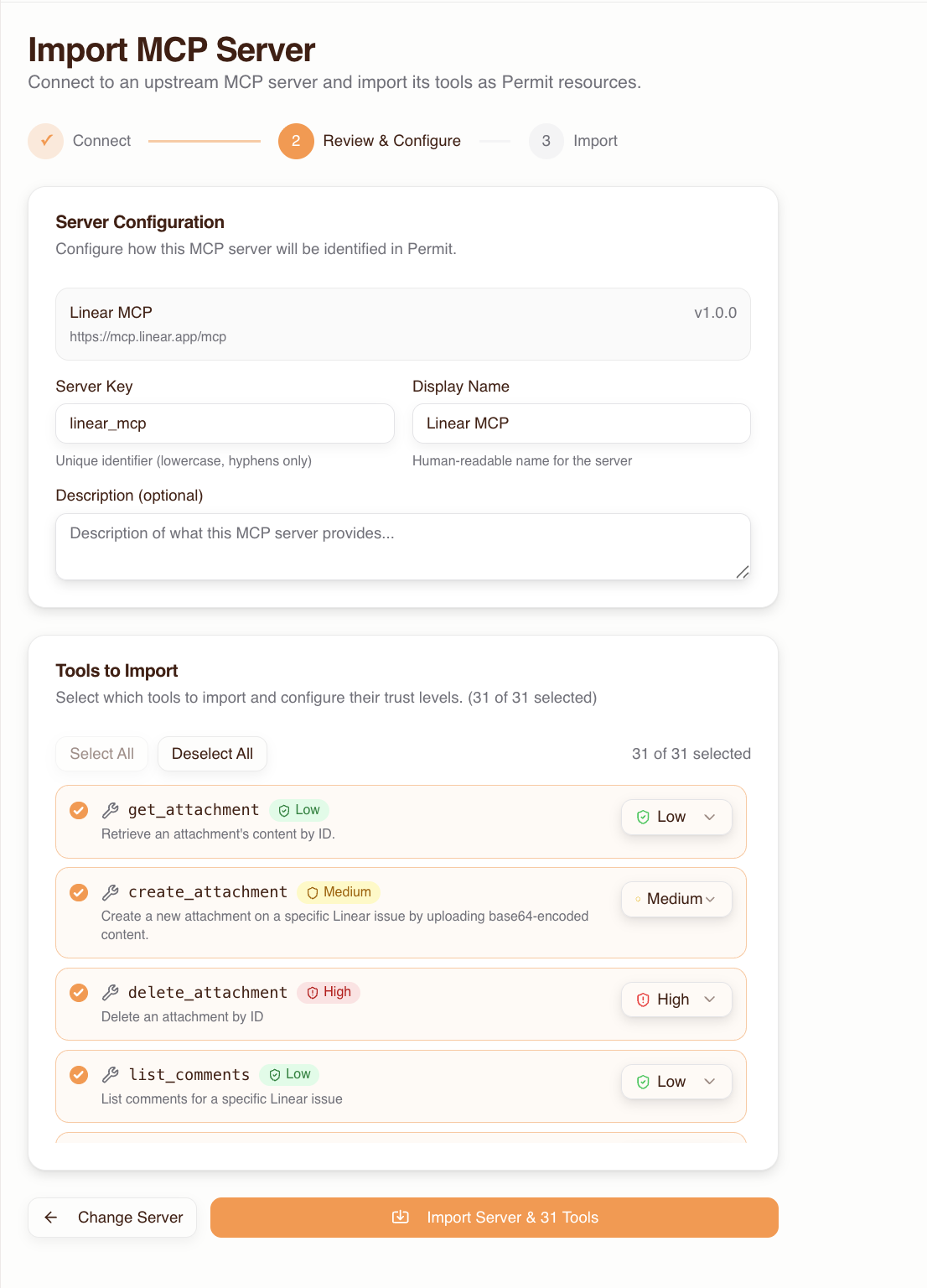 Import MCP Server review screen listing tools and their trust levels