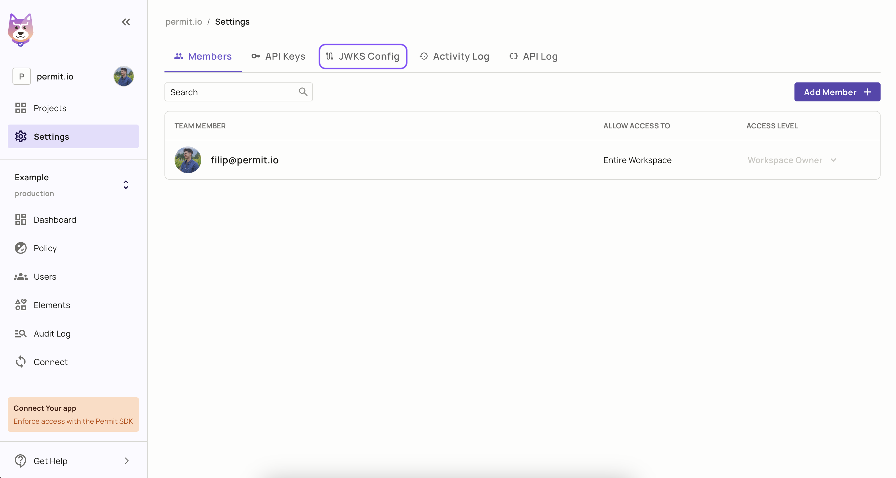 JWKS Config tab on the Settings page of the Permit dashboard
