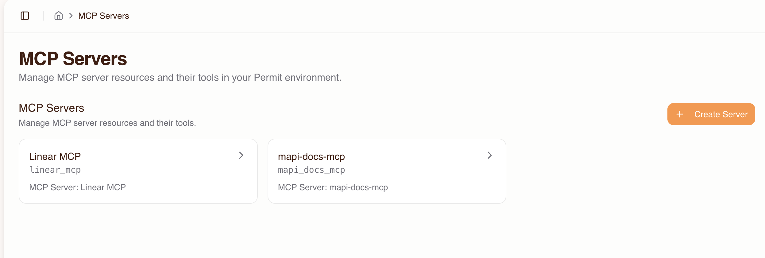 MCP Servers page with the Create Server button