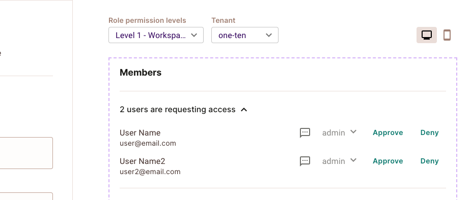 User Management element listing users awaiting approval