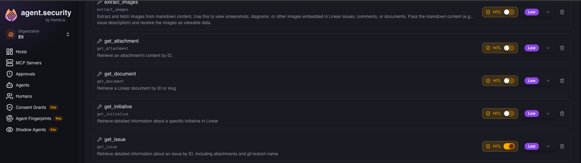 MCP server tool list with the per-tool HITL toggle