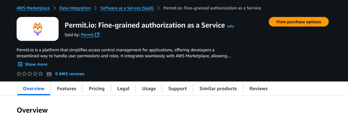 The Permit.io product listing on AWS Marketplace