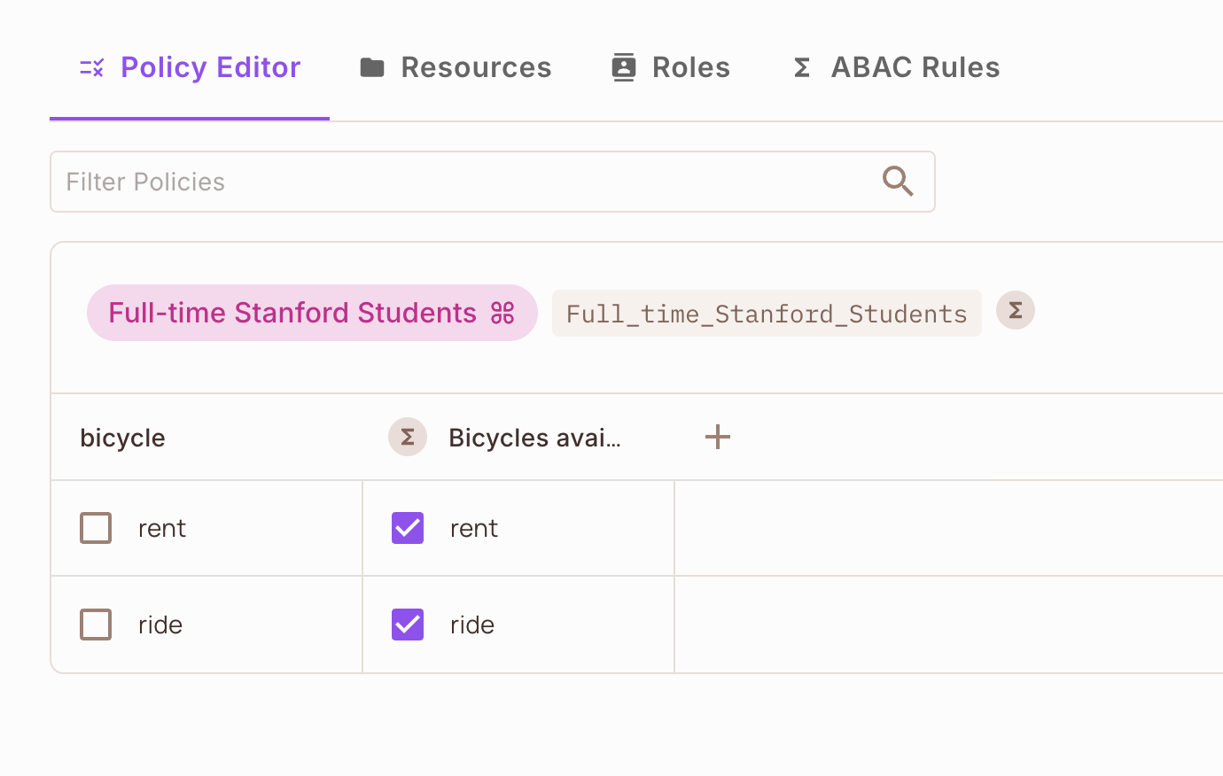 Policy Editor granting the Full-time Stanford Students user set the rent and ride actions on the Bicycles available after 5pm resource set