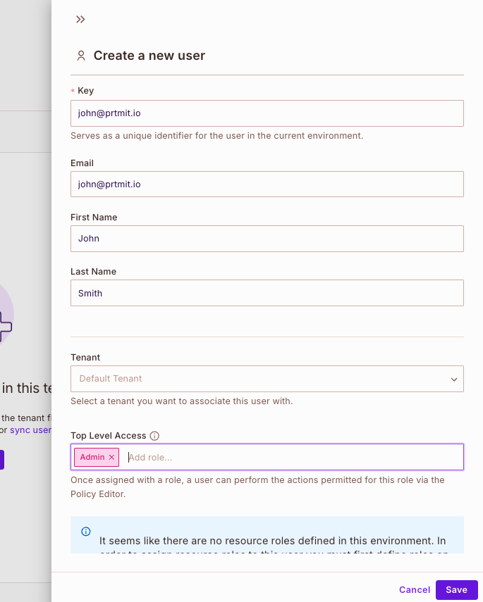 Create a new user panel with a key, email, first and last name, Default Tenant selected, and the Admin role under Top Level Access
