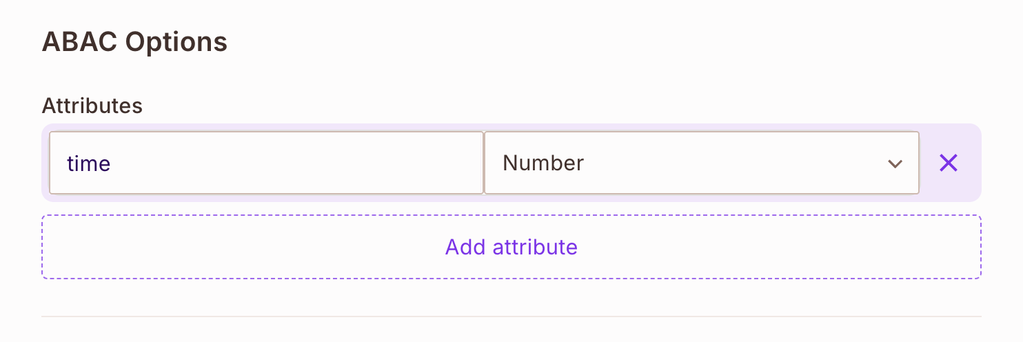 ABAC Options of the bicycle resource with the time attribute of type Number