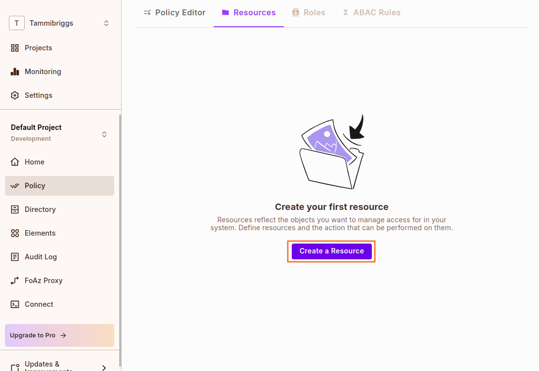 Resources tab of the Policy screen in the Permit dashboard, with the Create a Resource button